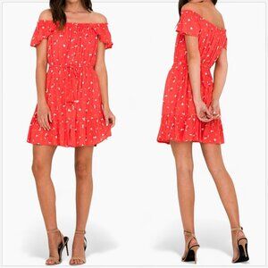 Miss Me Red Orange Floral Off the Shoulder Button Front Mini Dress NEW NWT L